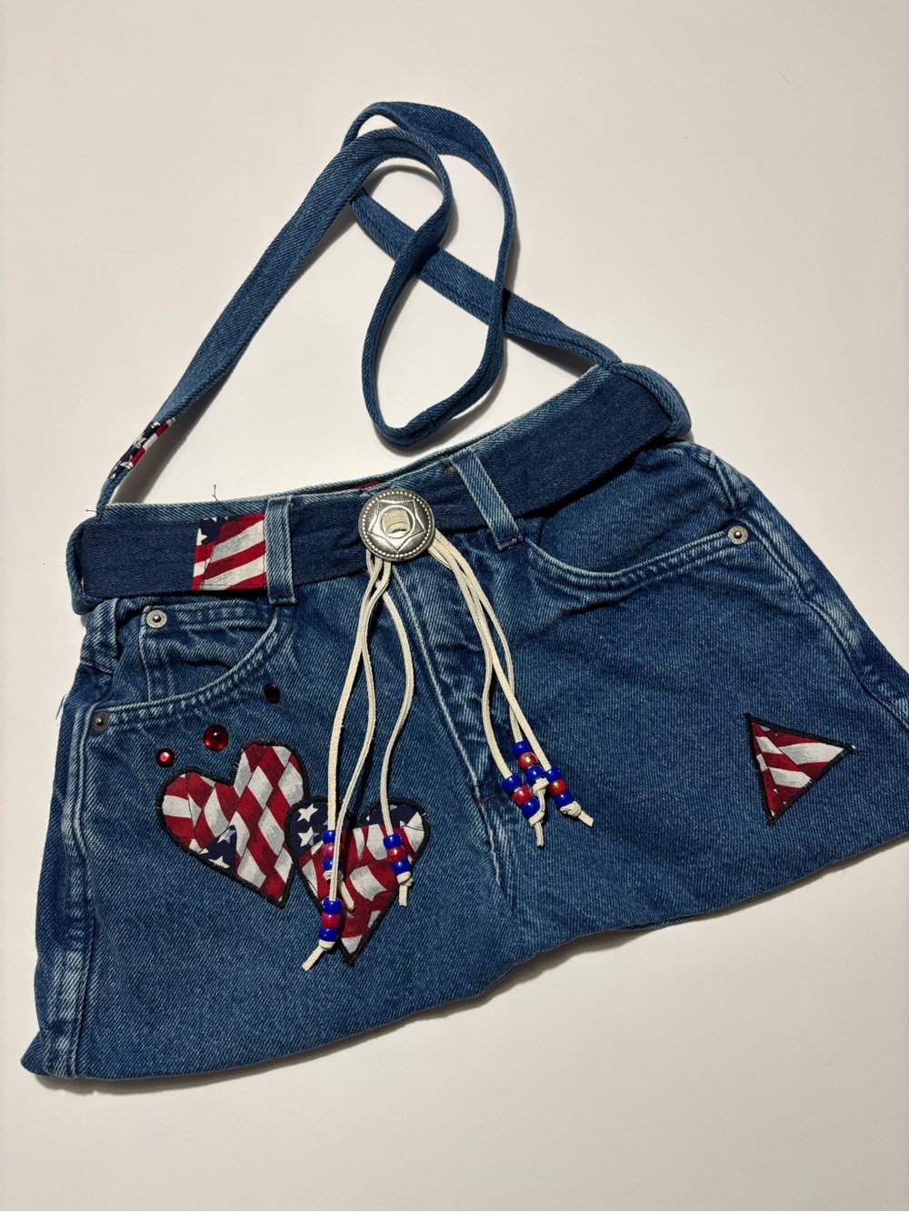 Handmade Upcycled Reworked Red White & Blue Western USA Denim Jean Purse